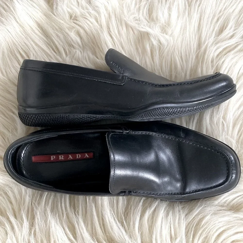 Prada Men's Black Smooth Leather Sports Loafers US Sz 7.5 Luxury Designer Sleek